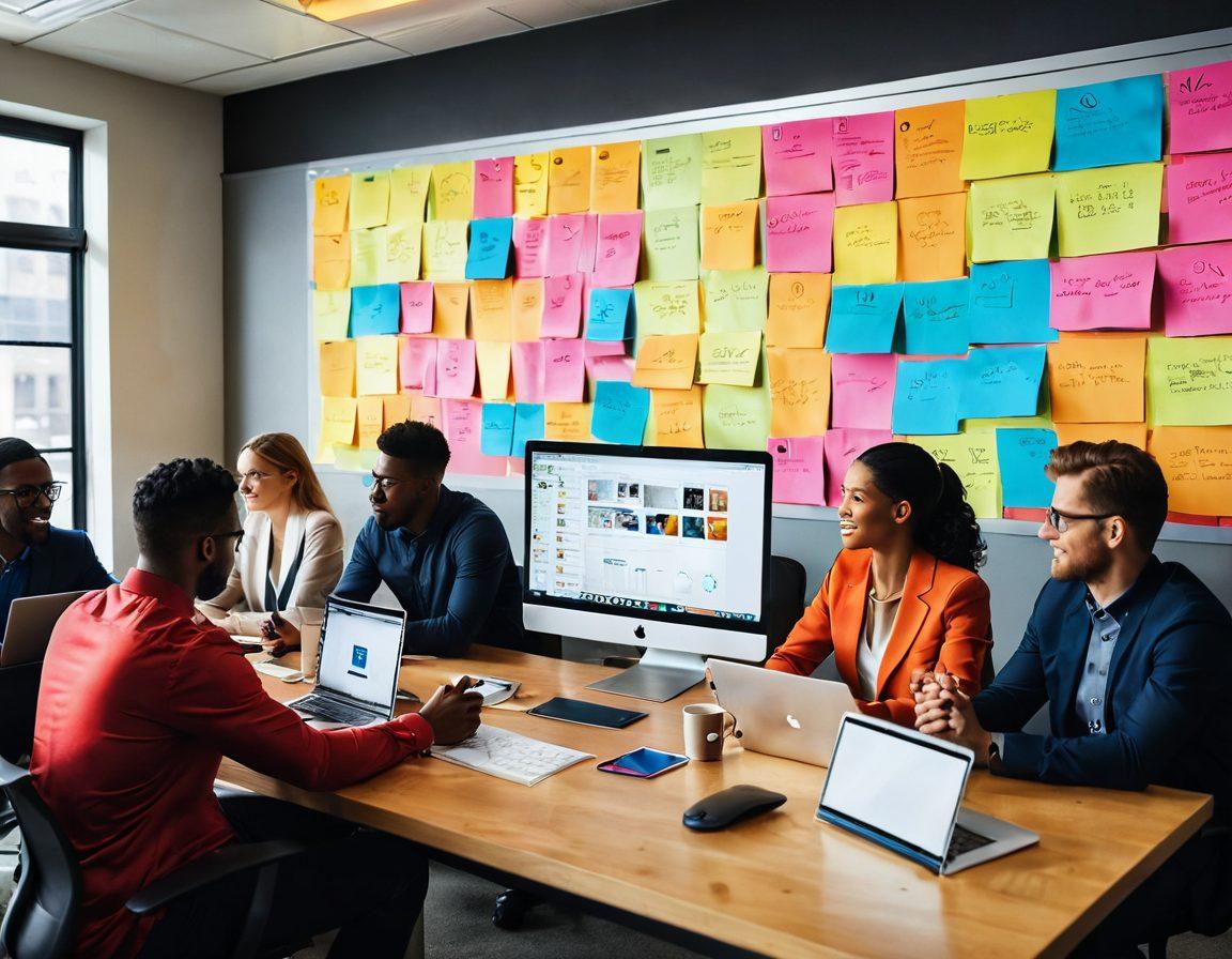 A dynamic workspace showcasing diverse individuals collaborating enthusiastically around a large screen displaying a colorful presentation. Include elements like sticky notes, laptops, and coffee cups to emphasize a creative environment. Capture the energy of teamwork and innovation with bright, inviting colors. super-realistic. vibrant colors. modern office setting.