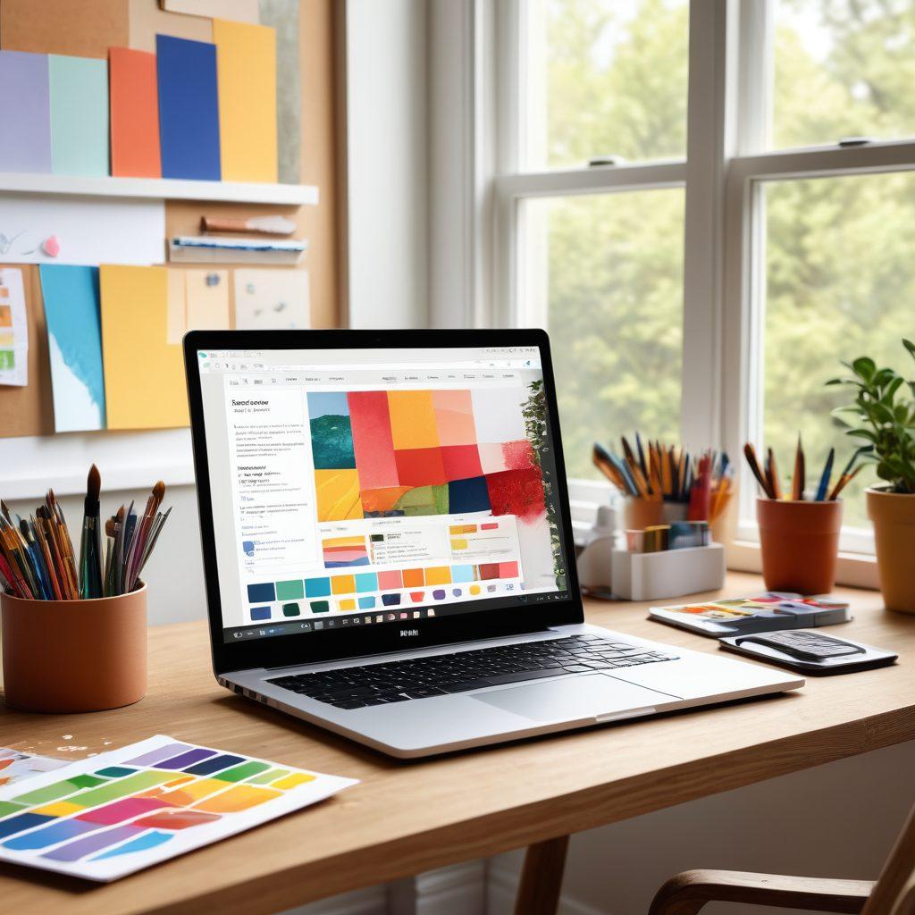 A visually striking workspace featuring customizable templates on a sleek laptop, surrounded by colorful crafting tools like paints and brushes. An array of vibrant presentation slides displayed on the screen, showcasing diverse themes and layouts. Natural light streaming in through a window, illuminating the space with creativity. Artistic elements like sketches and color swatches scattered across the desk. super-realistic. vibrant colors. dynamic composition.